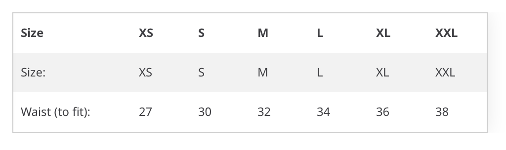 Size guide measurements table for Ares Performance Triumph Shorts