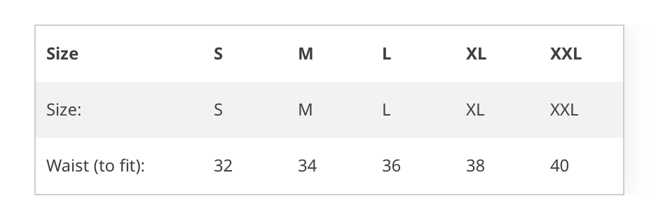 Size guide measurements table for Ares Performance Mesh Lined Shorts