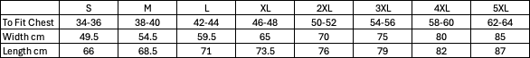 Size guide measurements table for Atlas Spartan Hoodie
