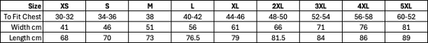 Size guide measurements table for Vertical T-Shirt