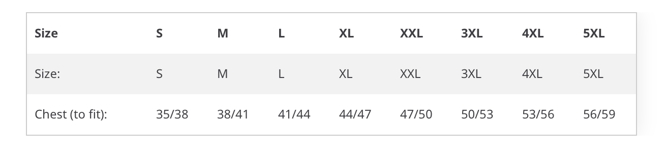 Size guide measurements table for Ares Performance T-Shirt